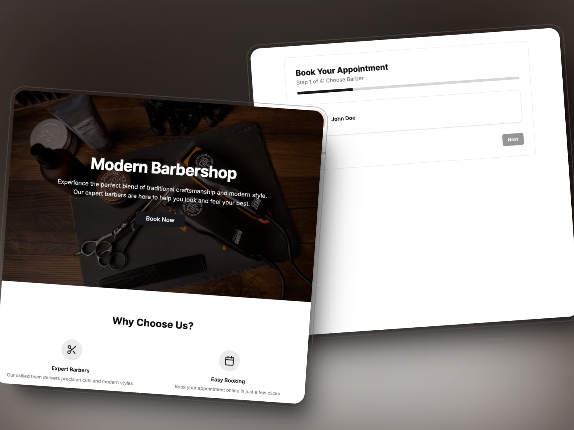 Screenshot of the Barbershop landing page and booking experience